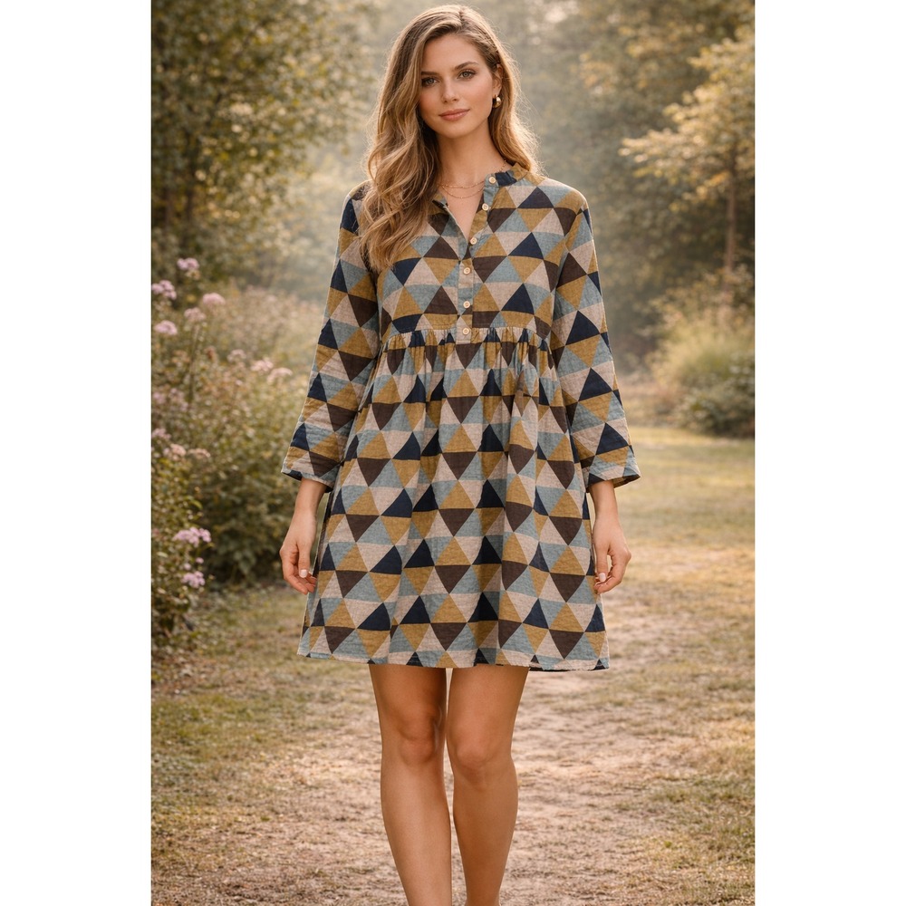 Yoko Girl Dress Wool Blend Patchwork Geometric Babydoll Button Up M/ L Relaxed